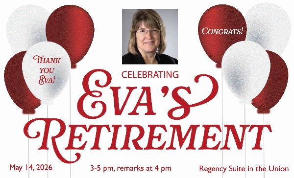 Graphic with Eva Bachman's retirement party information and photo
